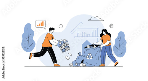 Two people working together to collect and sort trash into bags and bins to promote environmental protection, recycling, and a clean community.