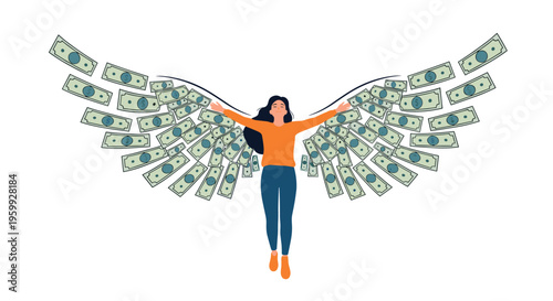 Young woman flying in the air with large wings made of paper dollar bills representing financial freedom, wealth, prosperity, and economic success.