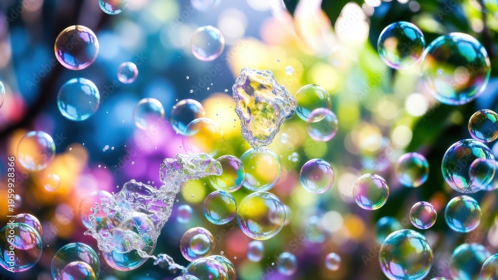 Fototapeta premium Floating bubbles shimmer in vibrant, colorful light