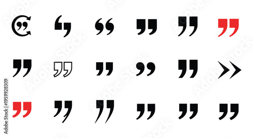 Collection of various quotation mark symbols in black and red styles including double, single, and decorative curly brackets for typography design.