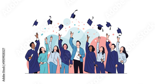 Group of joyful graduates in blue academic gowns throwing their caps into the air at a commencement ceremony to celebrate their university success.