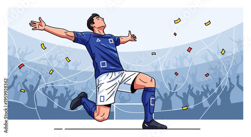 Illustration of a male soccer player celebrating a goal on his knees with arms outstretched in a stadium with a cheering crowd and falling confetti.