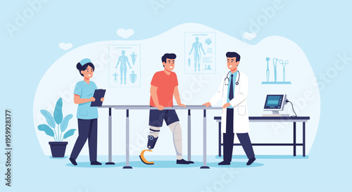 Patient with a prosthetic leg performing physical therapy exercises between parallel bars with the support of a doctor and nurse in a medical clinic.