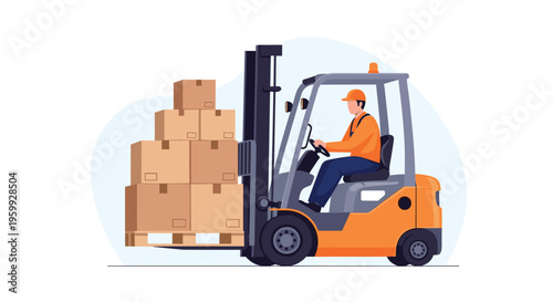 Warehouse worker operating an orange forklift truck to lift a pallet of stacked cardboard boxes in a logistics and distribution center environment.