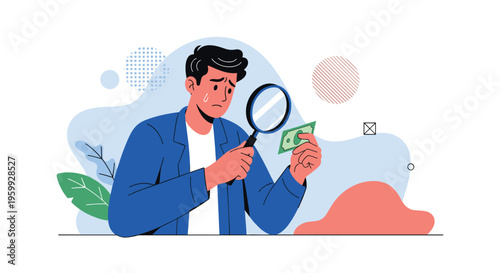 Concerned man looking closely at a one dollar bill through a magnifying glass to check for authenticity or analyze his personal financial situation.