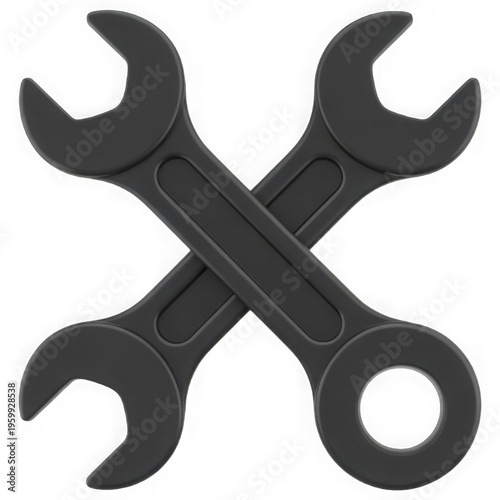 A pair of industrial black metal wrenches arranged in a crossed position for mechanical repair isolated on transparent background