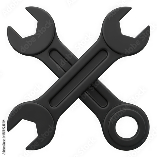 Two crossed matte black metal wrenches representing industrial construction and mechanical repair isolated on transparent background