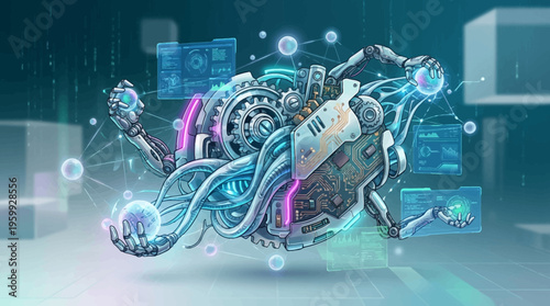 A futuristic robotic creature with glowing blue circuits and wires in a virtual environment.