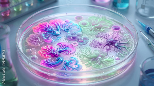 Microscopic view of colorful cells in a petri dish on a laboratory table.