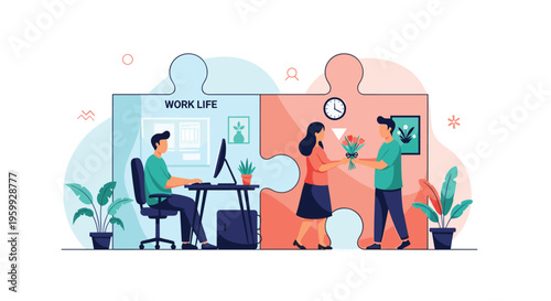 Illustration of work life balance showing a man at a computer desk and a couple sharing flowers within puzzle pieces.