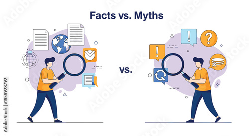 Fact vs myths comparison showing two investigators using large magnifying glasses to examine different icons and data.