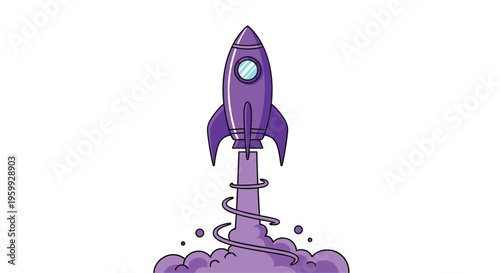 Cartoon style purple space rocket launches upward with a spiraling smoke trail and clouds against a white background.
