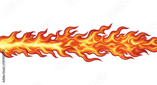 Horizontal stream of bright orange and yellow fire flames with detailed wisps on a plain white background for design.