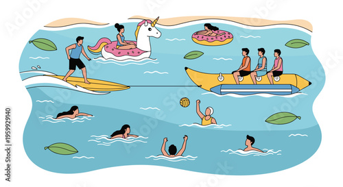 Group of people enjoying various summer water activities at the beach including surfing, swimming, and banana boat rides.