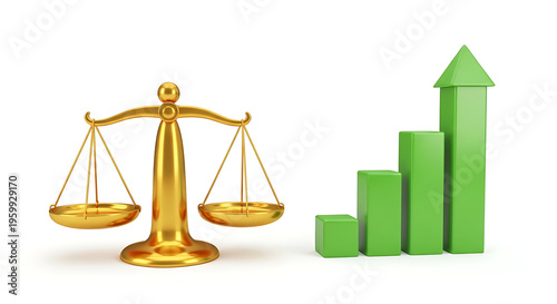 Balancing scales and growing green bar chart symbolizing justice and growth