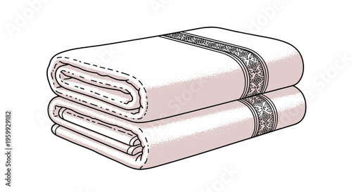 Stack of two neatly folded white cotton towels with elegant grey decorative embroidered borders for a luxury bathroom.