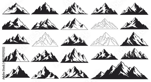 Large collection of diverse mountain silhouettes in various shapes and sizes depicted in a minimalist black and white style.