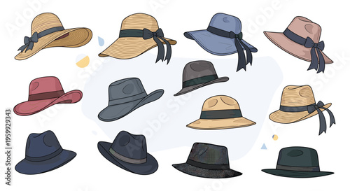 Diverse collection of men and women's hats including fedoras, sun hats, straw hats, and classic styles in various colors.