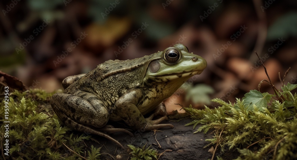 Obraz premium green frog resting on mossy rock in a natural habitat.