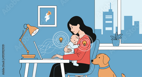 Multitasking mother works on a laptop while holding her baby in a home office environment with lightbulb ideas floating.