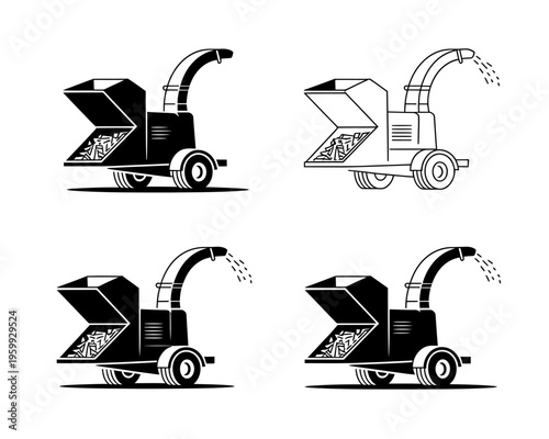 Four different line and solid style wood chipper shredder machine illustrations  industrial equipment