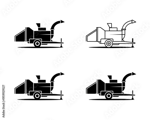 Four different wood chipper truck vehicle icons in black and white on white background
