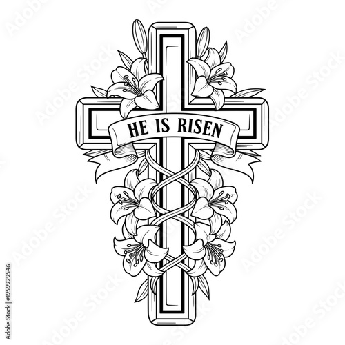 Decorative Easter cross with lilies and "He is Risen" ribbon in black  