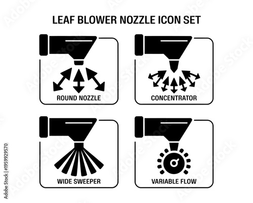 Leaf blower nozzle icon set with round concentrator wide sweeper variable flow types
