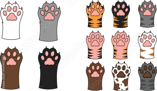 Cute Animal Paw Vector Set with Cat and Dog Paw Shapes, Cartoon Pet Feet and Fur Pattern Illustration Collection