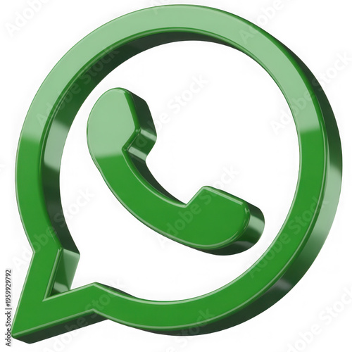 A three dimensional green glossy icon representing a mobile telephone handset inside a chat bubble isolated on transparent background