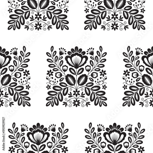 Black and white floral folk art pattern featuring symmetrical botanical elements on white background