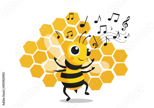 Cartoon bee dancing music notes.