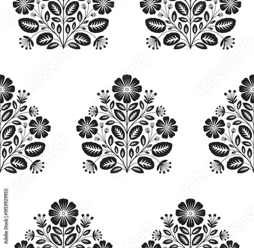 Seamless pattern featuring repeating black and white floral motifs with intricate stylized leaves
