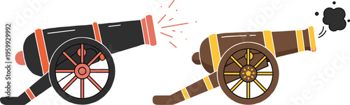 Vintage Cannon Shooting Vector Set with Old Artillery Weapons, Fire Blast Effect and Historical War Equipment Illustration Collection