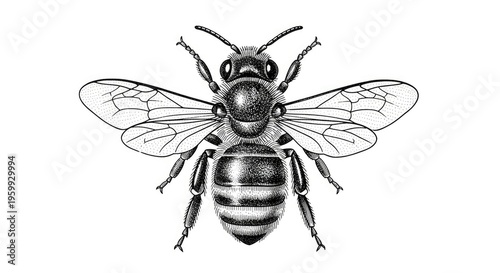 Detailed illustration of a honey bee with wings outstretched on white background