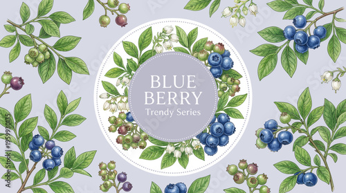 Blueberry trendy series pattern with leaves.