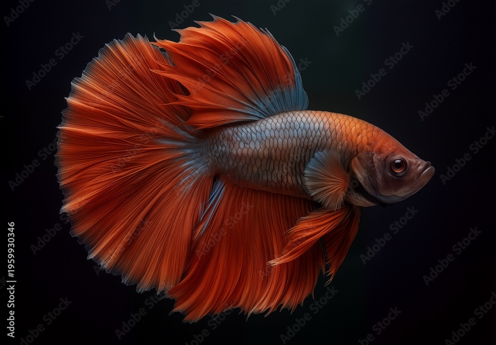 Fototapeta premium stunning vibrant orange betta fish in dark water, detailed side view.