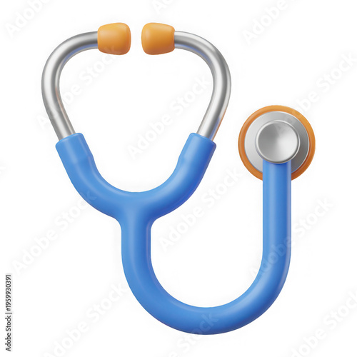 A detailed 3d render of a professional medical stethoscope with blue tubing and orange accents isolated on transparent background
