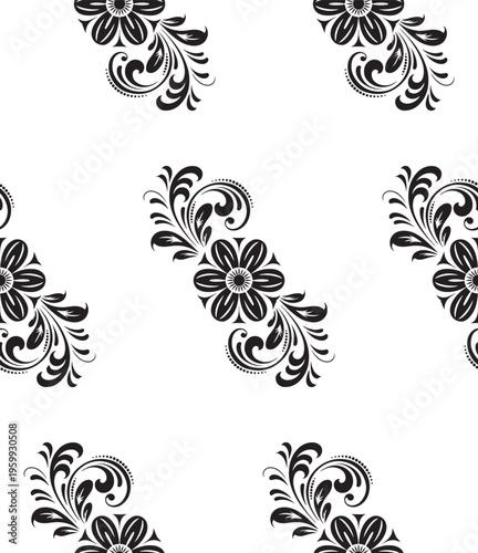 Seamless repeating pattern featuring black floral motifs with elegant swirls on a white background
