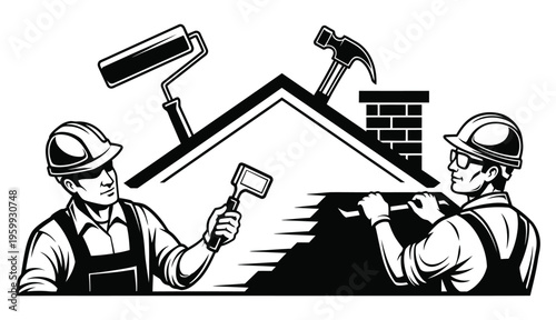 Two construction workers repairing a roof with tools and materials