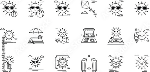 Summer and Beach Fun Icons Set Featuring Sunglasses, Ice Cream, Beach Umbrella, and Outdoor Activities Symbols