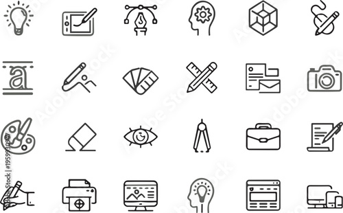 Creative Design and Art Tools Icons Set Featuring Lightbulb, Pencil, Paint Palette, Camera, and Digital Tools