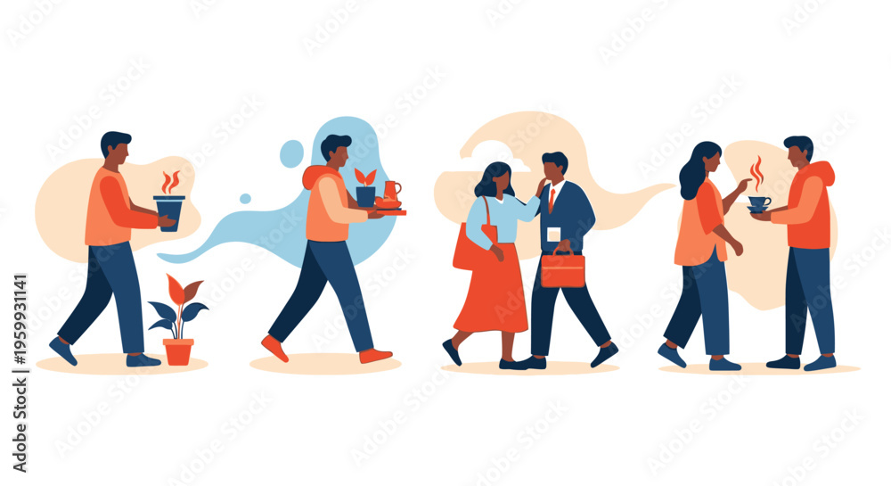 Fototapeta premium Everyday Life Illustrations: Diverse People, Coffee, Business & Social Interactions