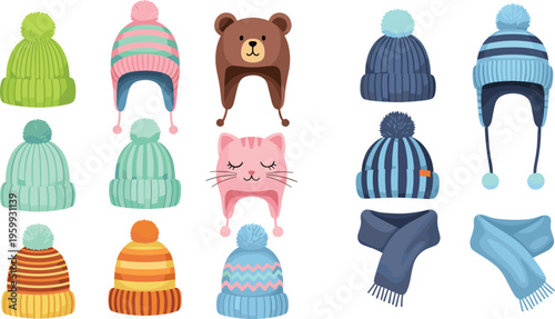 Winter Hats and Scarves Vector Set with Knitted Beanies, Cute Animal Caps, Warm Accessories and Cold Season Clothing Collection