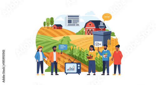 Diverse Farmers & Rural Community Discussing Agricultural News, Market Trends, and Local Issues