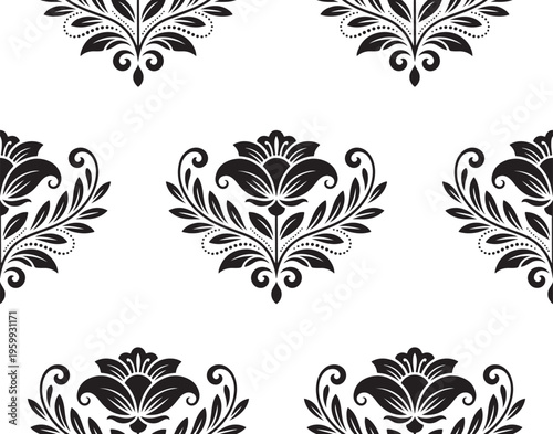 Seamless monochrome pattern featuring elegant floral damask motifs on a clean white background