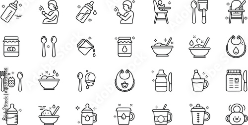 Baby Feeding and Meal Time Icons Set Featuring Bottles, Spoons, Highchairs, and Baby Food Symbols