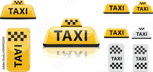 Canvas-taulu Taxi Sign Vector Set with Yellow Cab Roof Lights, Transport Symbols, Service Ico