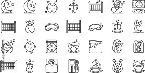 Baby Sleep and Nursery Icons Set Featuring Crib, Moon, Baby Bottles, and Sleep Time Accessories