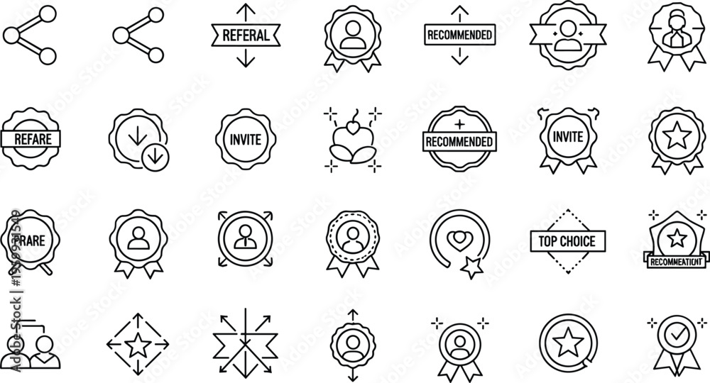 Fototapeta premium Referral and Award Icons Set Featuring Invitation, Recommendation, Top Choice, and Badge Symbols